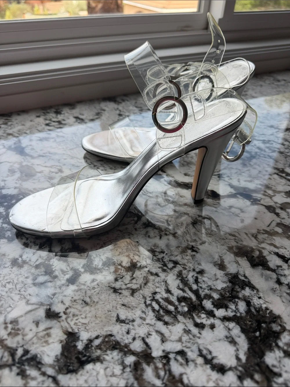 Karl Lagerfeld Silver Metallic Clear Strap Heeled Sandals